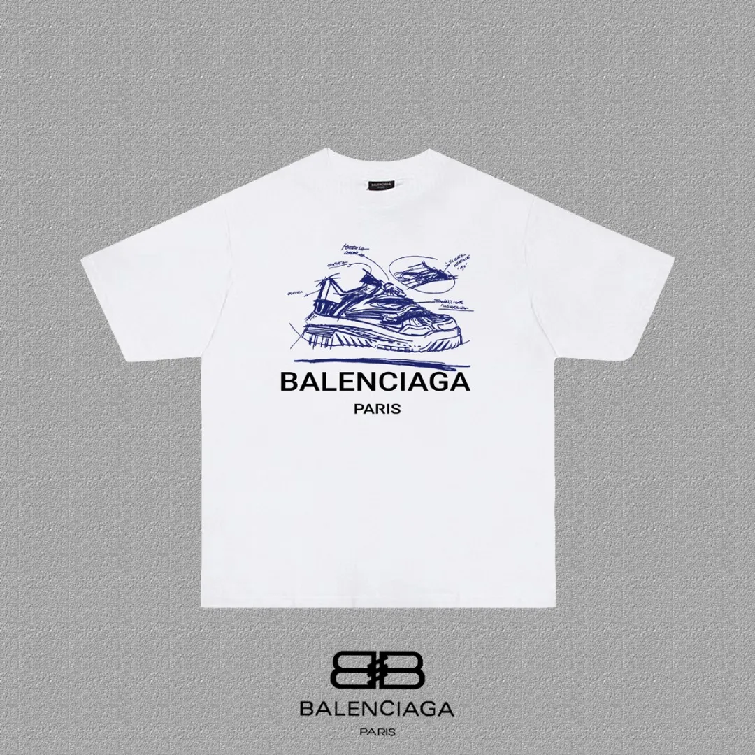 P80✨🔥 BALENCIAGA Paris lettering printed short-sleeved T-shirt, custom-woven and dyed 280g combed cotton heavyweight fabric, zero color difference in thread, perfect details, different from the current version on the market, welcome to compare, Same Style for men and women, must-sell in the picture above Color: White Black Size: 1 2 3 4